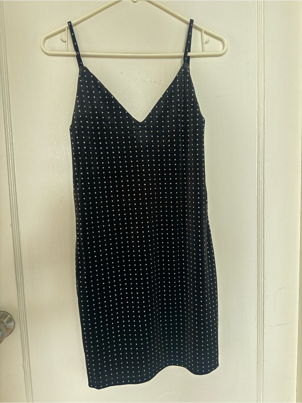 Women’s Black Spotted Glitter Sparkle Shimmering Slip Mini Dress with V-Neck